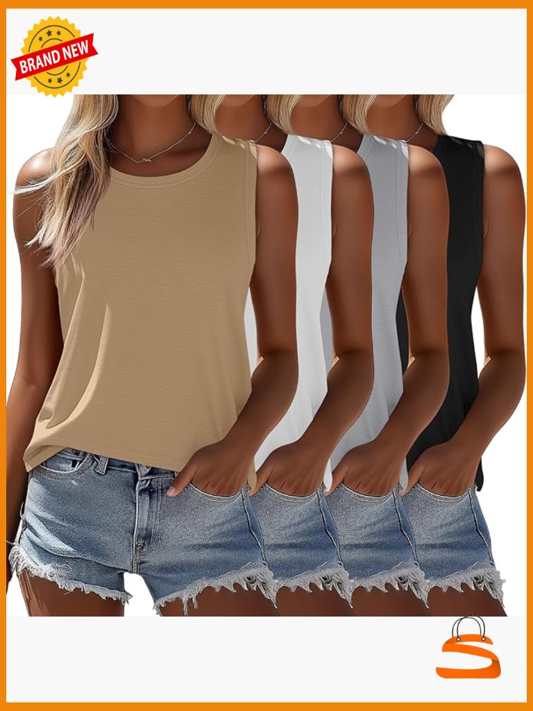 4 Pack Sleeveless Tunic Tanks Crew Neck Loose Fit Summer Tops